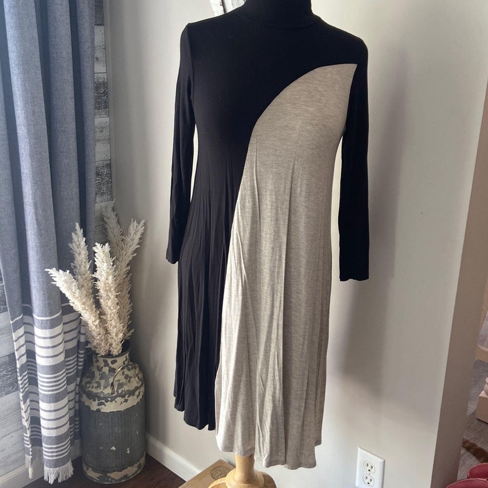 Anthropologie long sleeve midi, asymmetrical black and off white dress